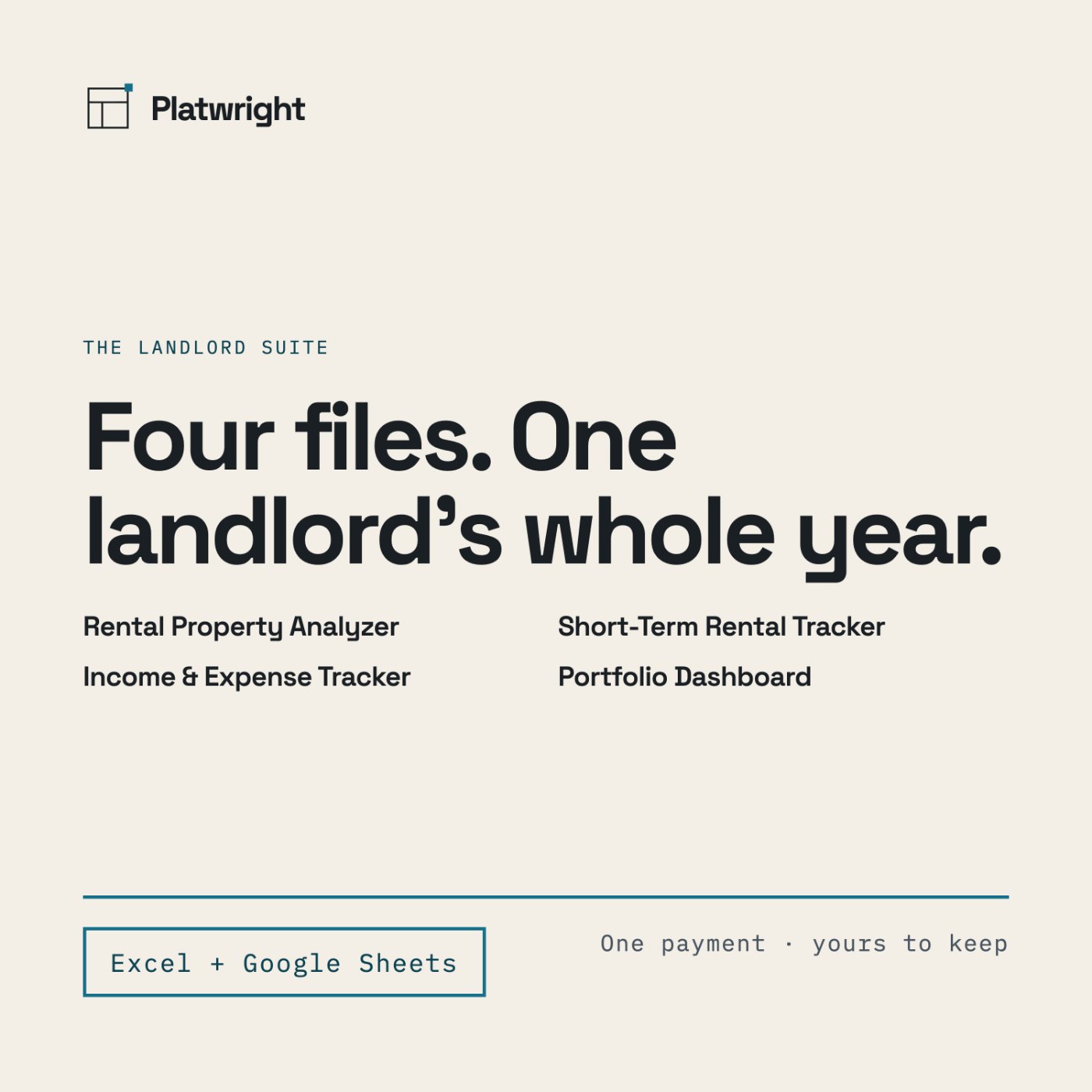 A light listing page reading "Landlord spreadsheet bundle — four files, one year" above the four template names.