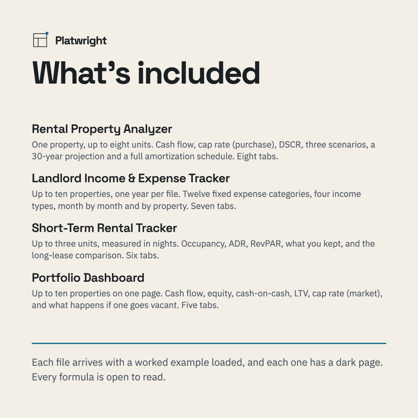 A list of the four templates with the tabs and typeable cells each one contributes.