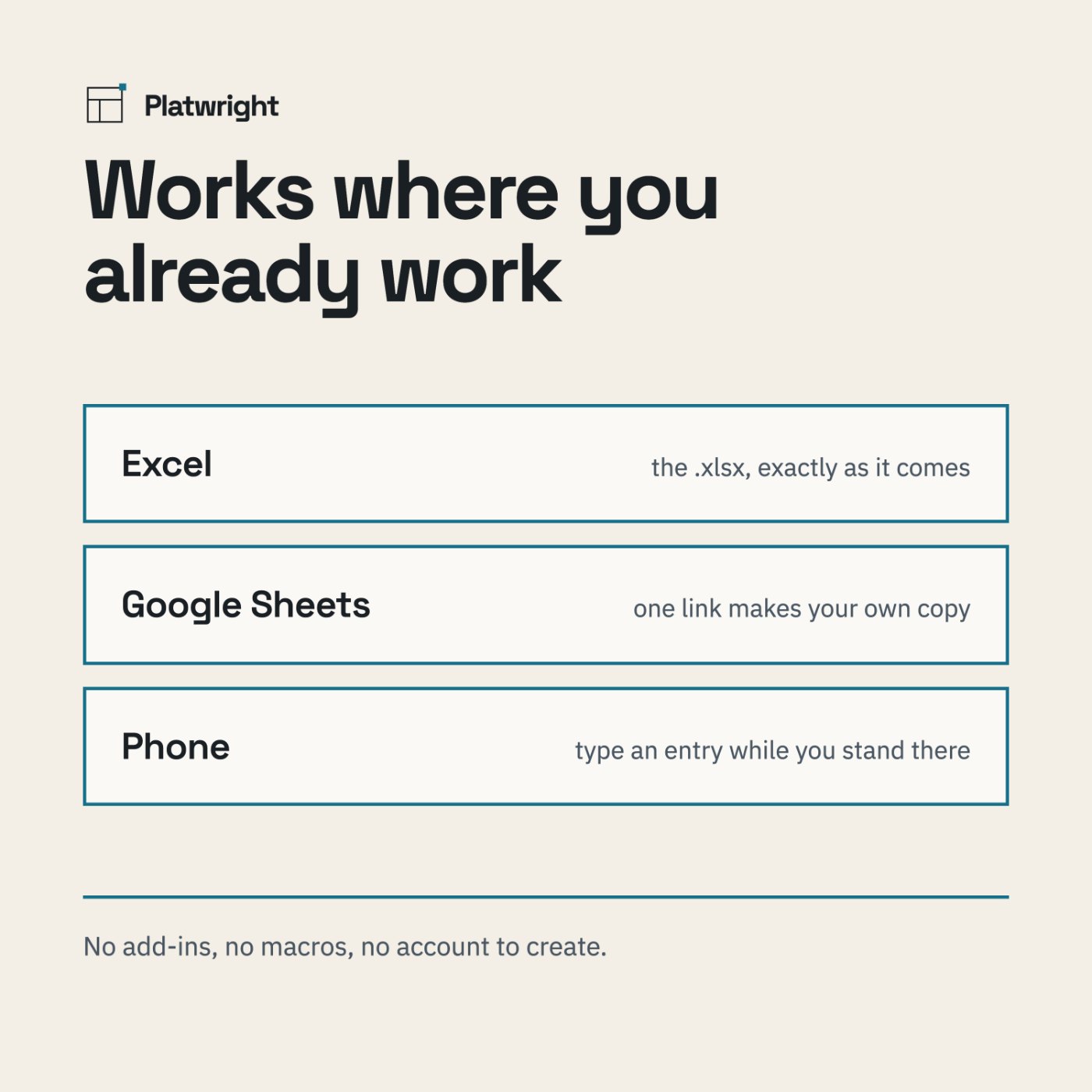 The same tracker shown in Excel and in Google Sheets, on desktop and on a phone.