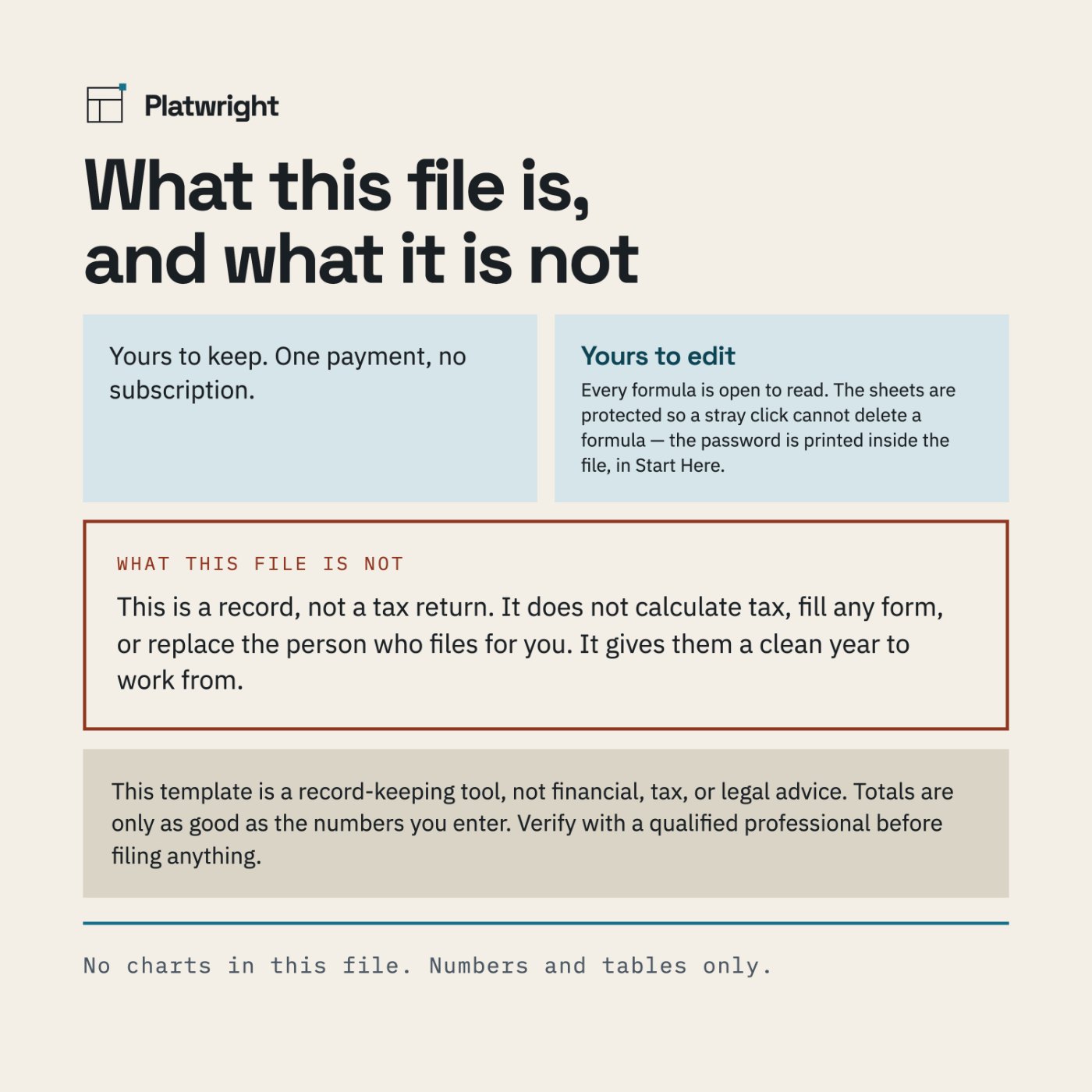 A list of what the file does not do, including that it does not calculate tax or fill any form.