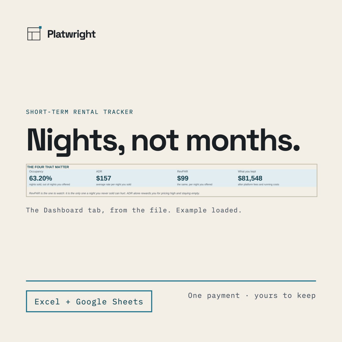A light spreadsheet listing page reading "Airbnb income spreadsheet — nights, not months" over a cyan rule and the line Excel plus Google Sheets.