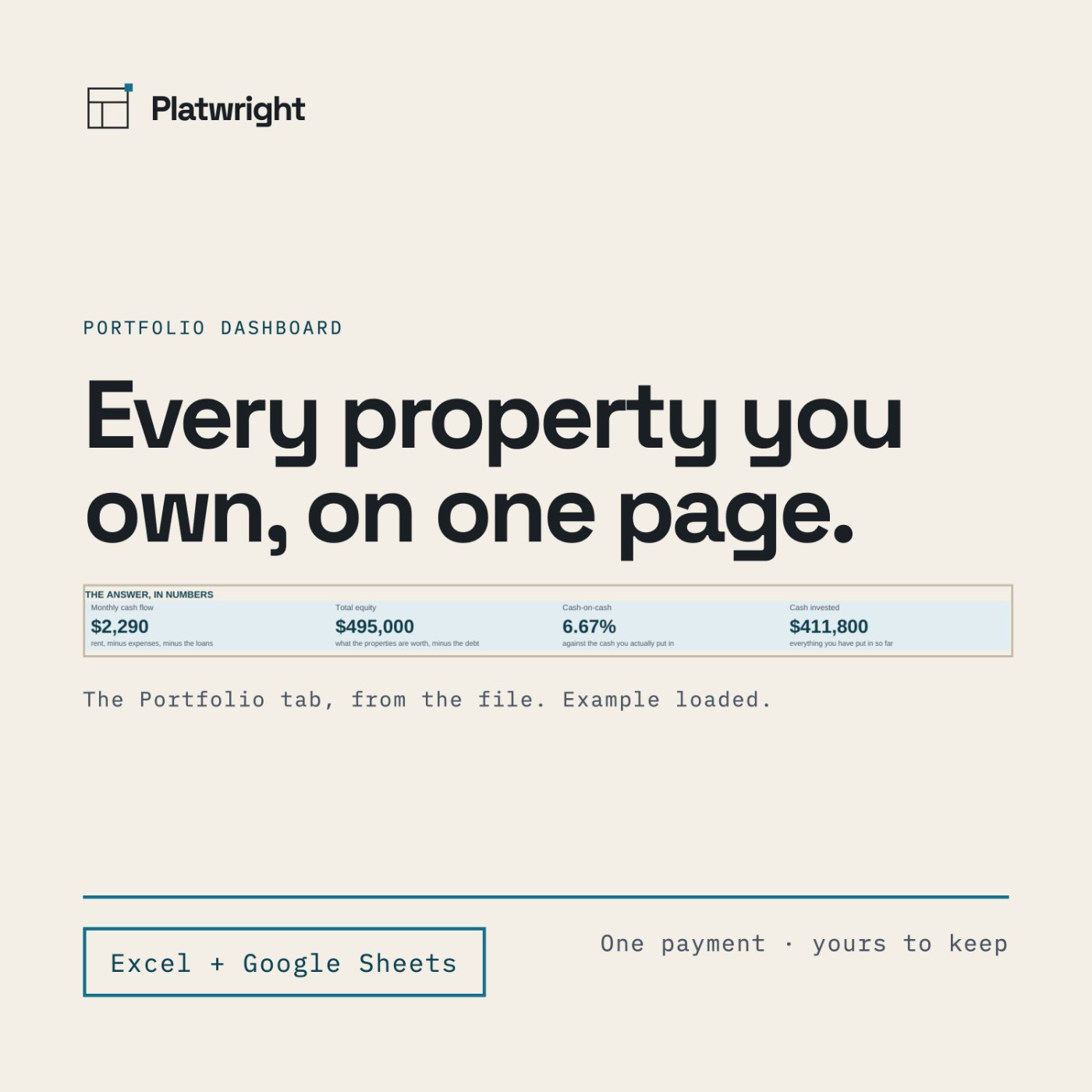A light spreadsheet listing page reading "Rental portfolio spreadsheet — all of it, on one page" over a cyan rule and the line Excel plus Google Sheets.